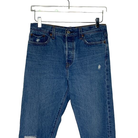 Levis 29 Premium Womens Straight Fit Jeans Raw Hem Medium Blue Distressed - Picture 3 of 10